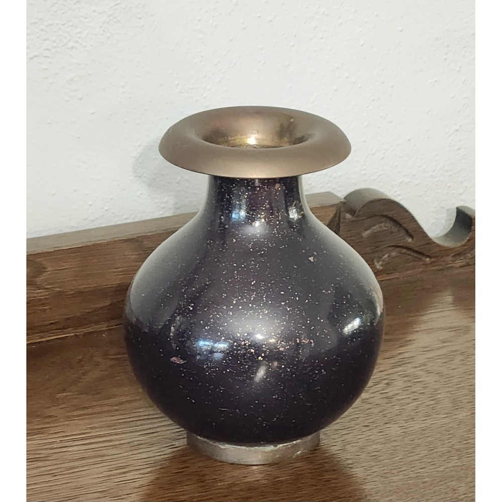 Vintage Solid Brass Enesco Vase India Dark Purple Speckled Bulbous 6"